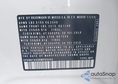 2024 Volkswagen Tiguan 2.0T Se/2.0T Wolfsburg Edition from USA, damaged, VIN 3VVNB7AX8RM055442